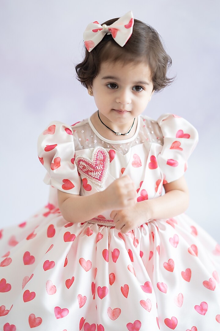 Off-White Japanese Satin Printed Dress For Girls by Ruchikalathlabel at Pernia's Pop Up Shop