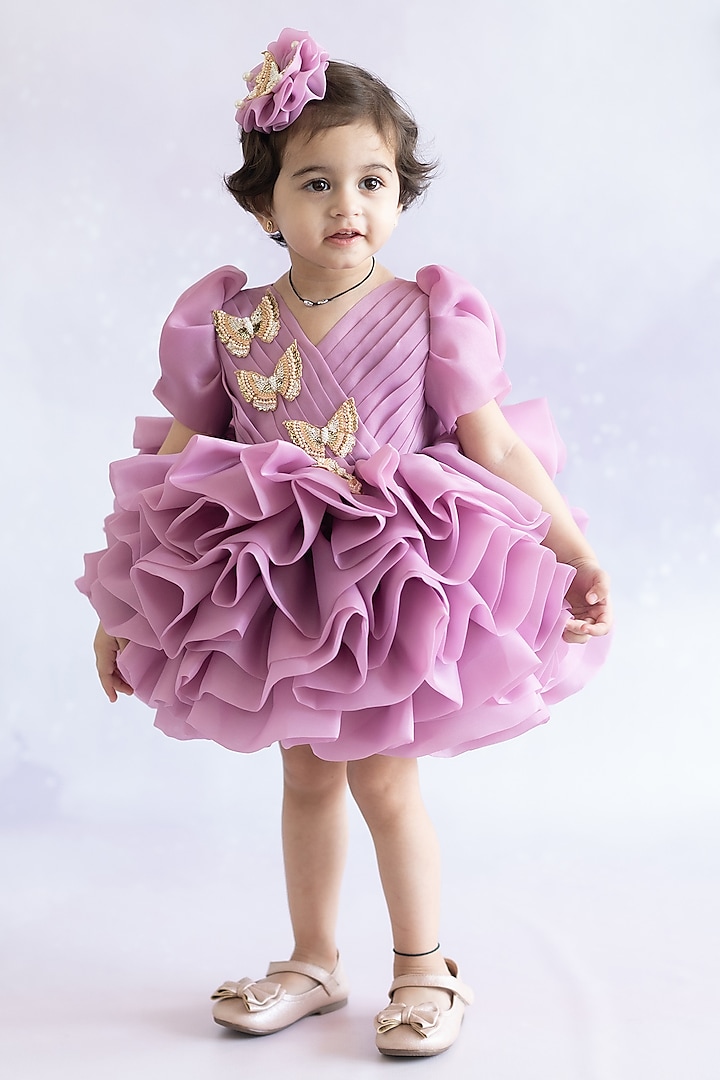 Mauve Butter Organza Hand Embroidered Layered Dress For Girls by Ruchikalathlabel