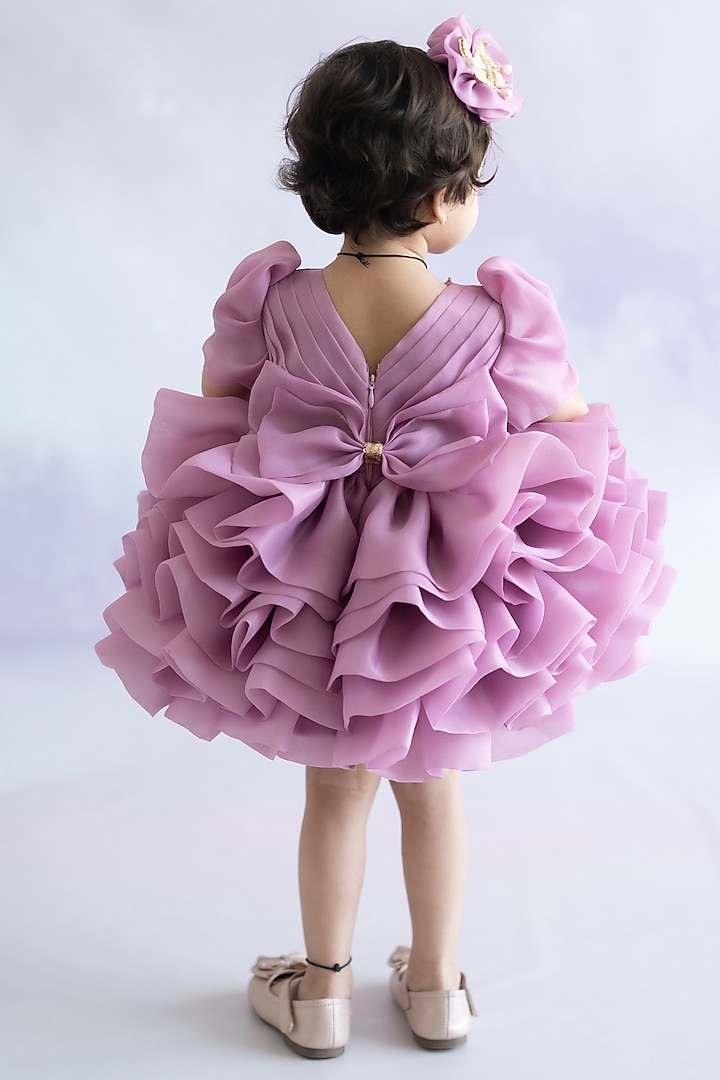 Mauve Butter Organza Hand Embroidered Layered Dress For Girls by Ruchikalathlabel at Pernia's Pop Up Shop