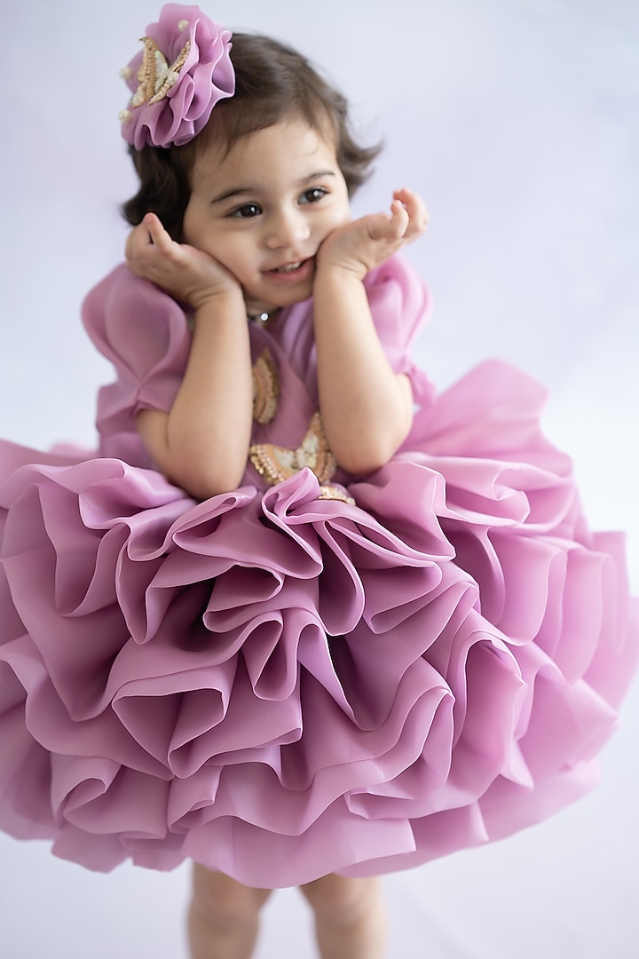 Mauve Butter Organza Hand Embroidered Layered Dress For Girls by Ruchikalathlabel at Pernia's Pop Up Shop