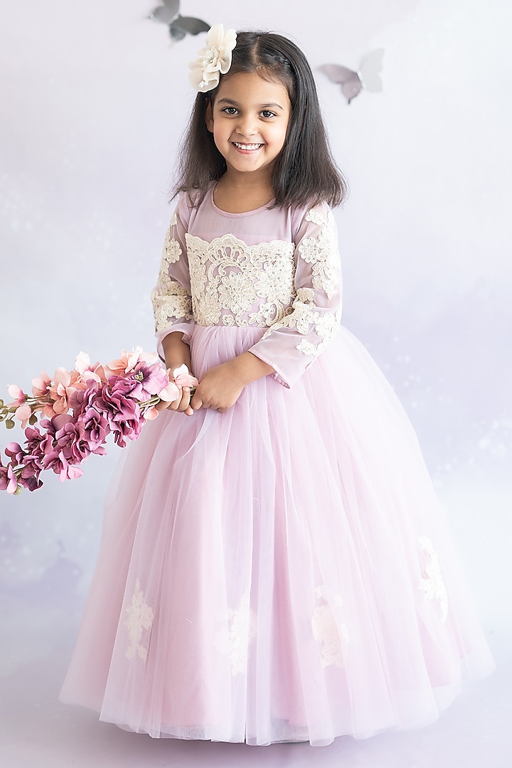 Mauve Soft Tulle Embroidered Gown For Girls by Ruchikalathlabel
