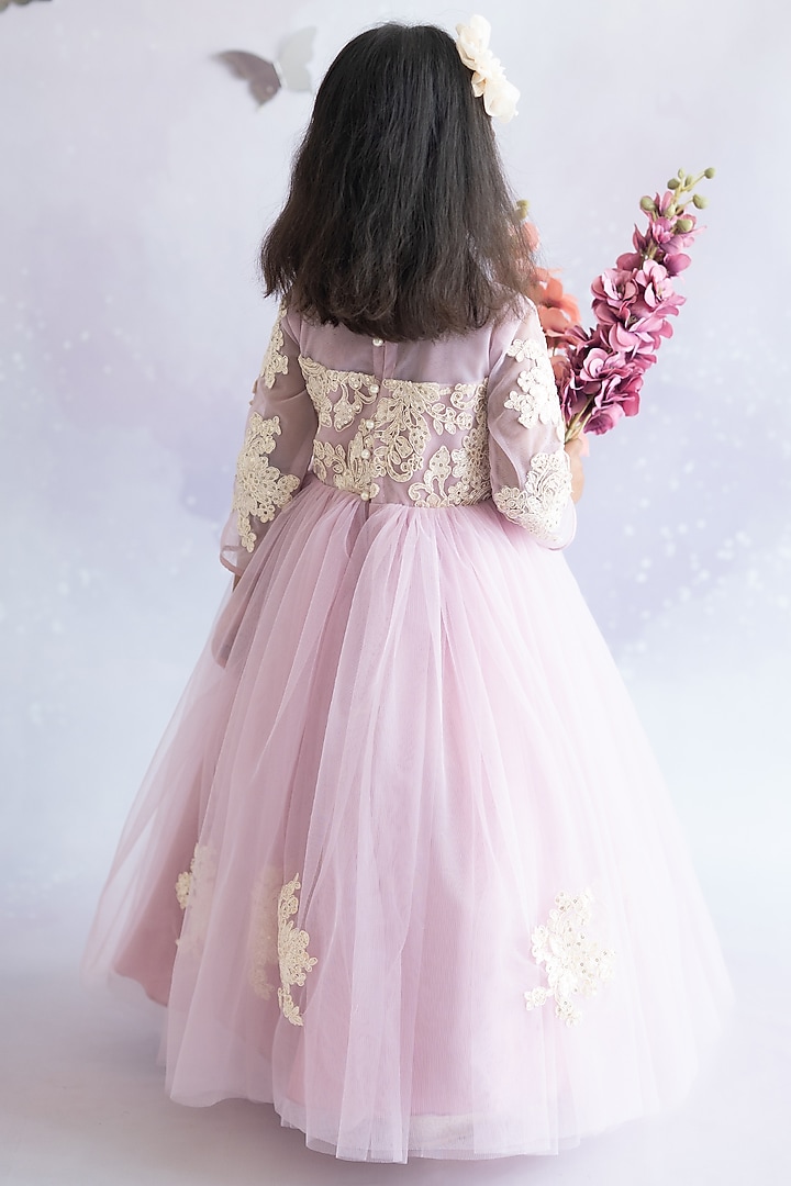 Mauve Soft Tulle Embroidered Gown For Girls by Ruchikalathlabel at Pernia's Pop Up Shop