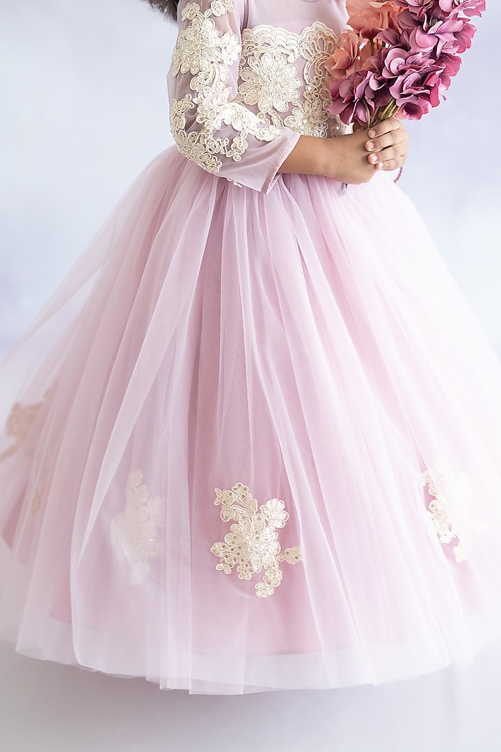Mauve Soft Tulle Embroidered Gown For Girls by Ruchikalathlabel at Pernia's Pop Up Shop