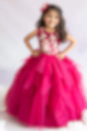Magenta Pink Tulle Hand Embroidered Layered Gown For Girls by Ruchikalathlabel