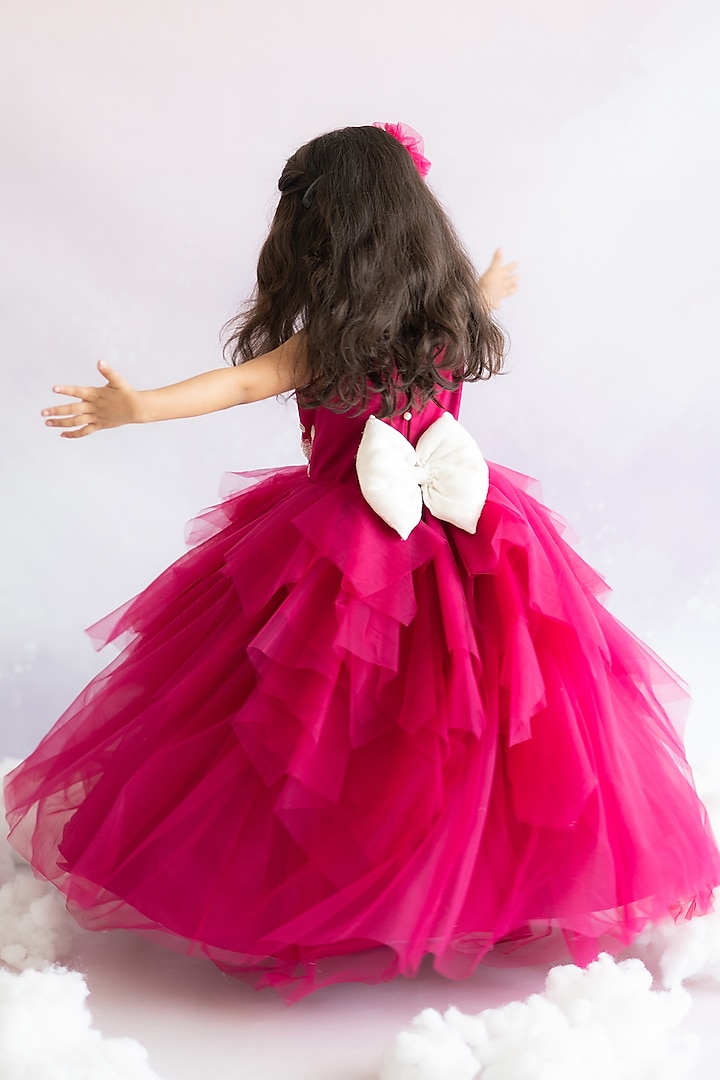 Magenta Pink Tulle Hand Embroidered Layered Gown For Girls by Ruchikalathlabel at Pernia's Pop Up Shop