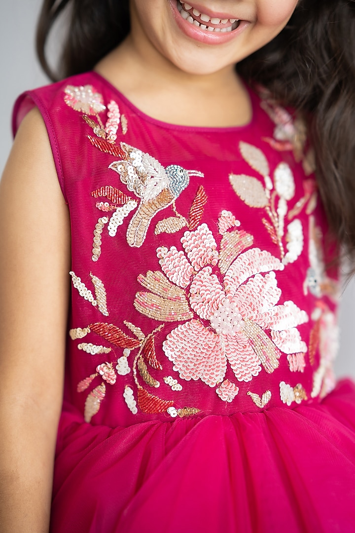 Magenta Pink Tulle Hand Embroidered Layered Gown For Girls by Ruchikalathlabel at Pernia's Pop Up Shop