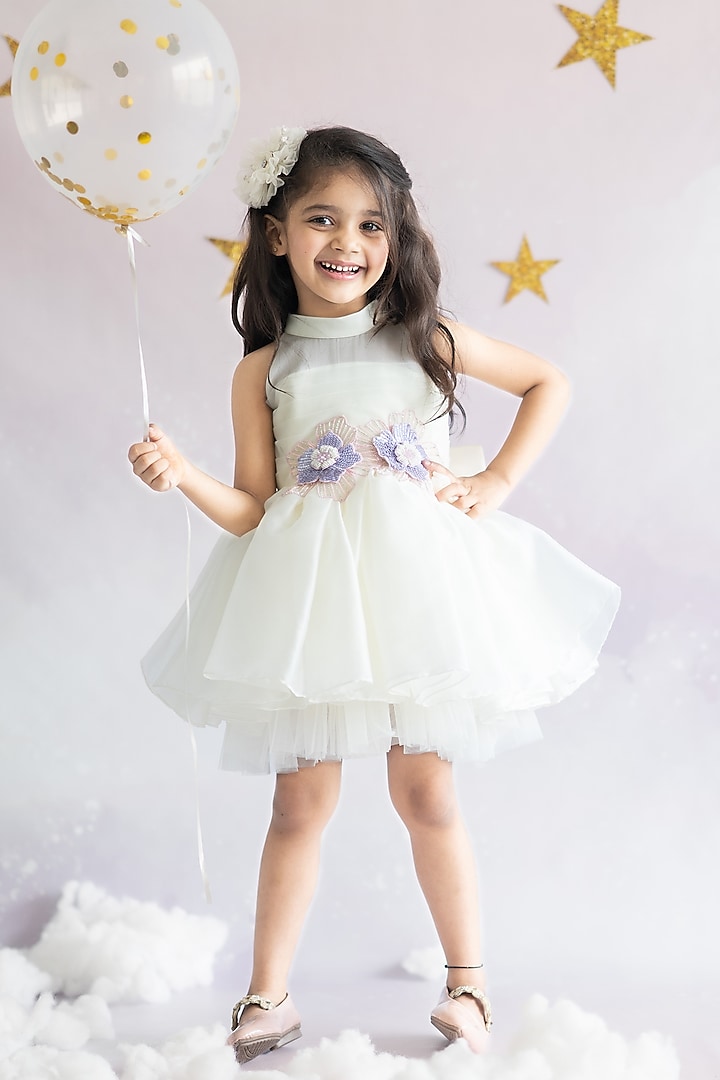 Off-White Satin Organza & Tulle Hand Embroidered Dress For Girls by Ruchikalathlabel