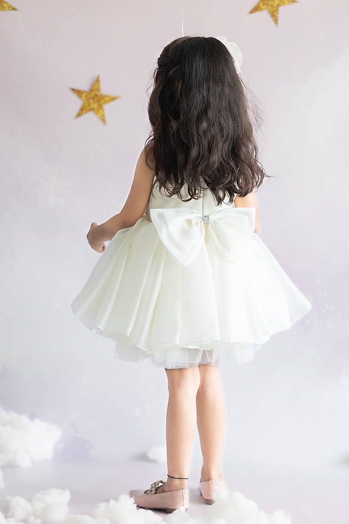 Off-White Satin Organza & Tulle Hand Embroidered Dress For Girls by Ruchikalathlabel at Pernia's Pop Up Shop