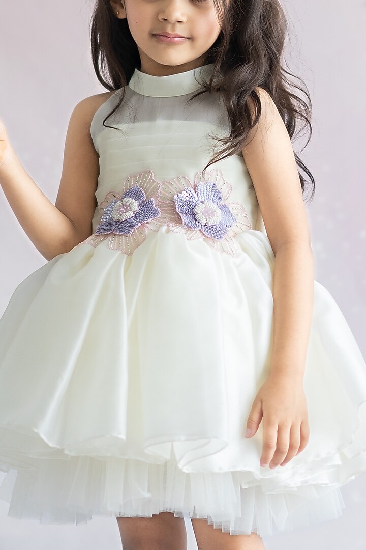 Off-White Satin Organza & Tulle Hand Embroidered Dress For Girls by Ruchikalathlabel at Pernia's Pop Up Shop
