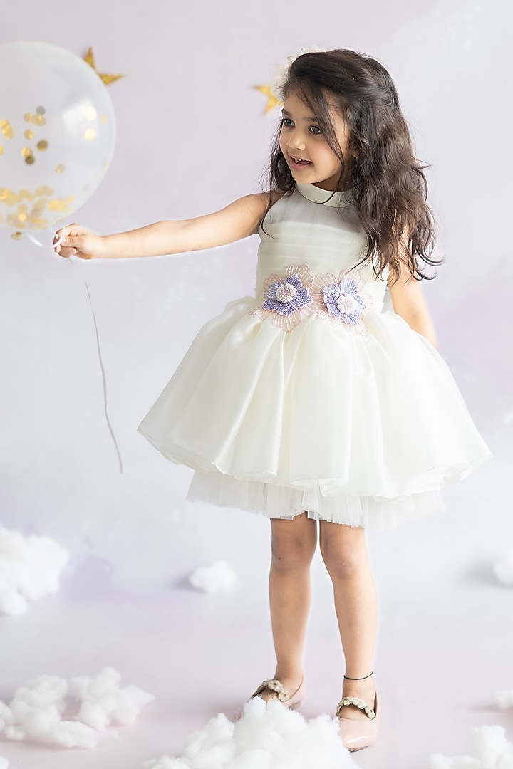 Off-White Satin Organza & Tulle Hand Embroidered Dress For Girls by Ruchikalathlabel at Pernia's Pop Up Shop