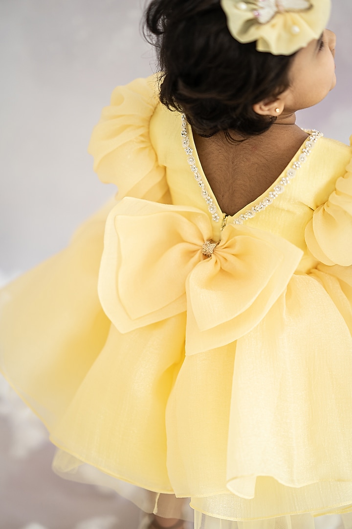 Yellow Textured Shimmer Organza & Tulle Hand Embroidered Dress For Girls by Ruchikalathlabel at Pernia's Pop Up Shop