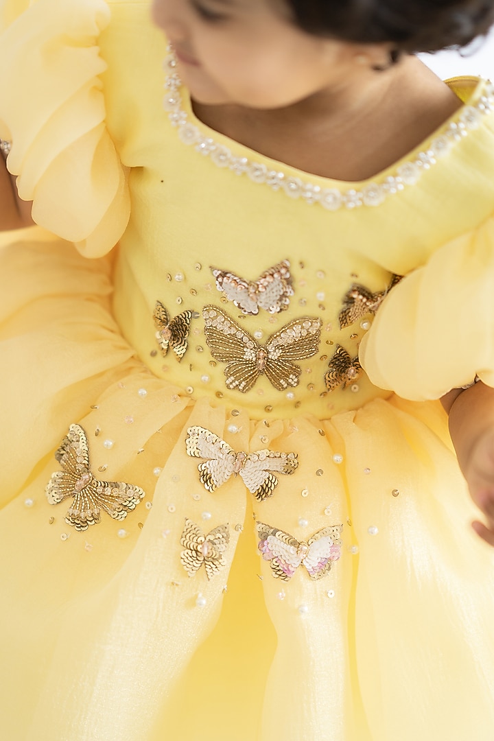 Yellow Textured Shimmer Organza & Tulle Hand Embroidered Dress For Girls by Ruchikalathlabel at Pernia's Pop Up Shop