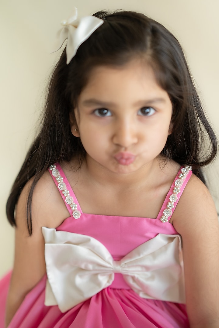 Pink Taffeta Embroidered Dress For Girls by Ruchikalathlabel at Pernia's Pop Up Shop