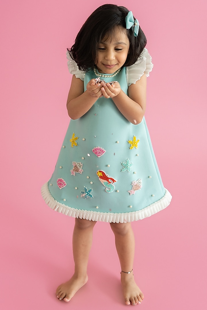 Blue Neoprene & Scuba Hand Embroidered A-Line Dress For Girls by Ruchikalathlabel at Pernia's Pop Up Shop