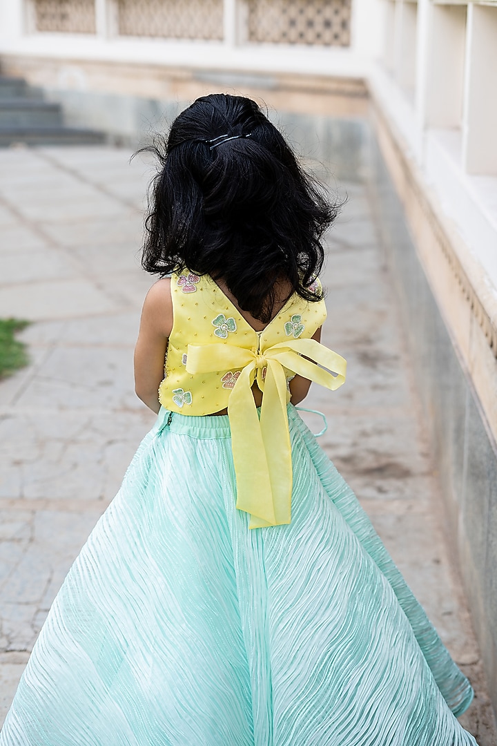 Mint Green Textured Pleated Organza & Butter Organza Lehenga Set For Girls by Ruchikalathlabel at Pernia's Pop Up Shop