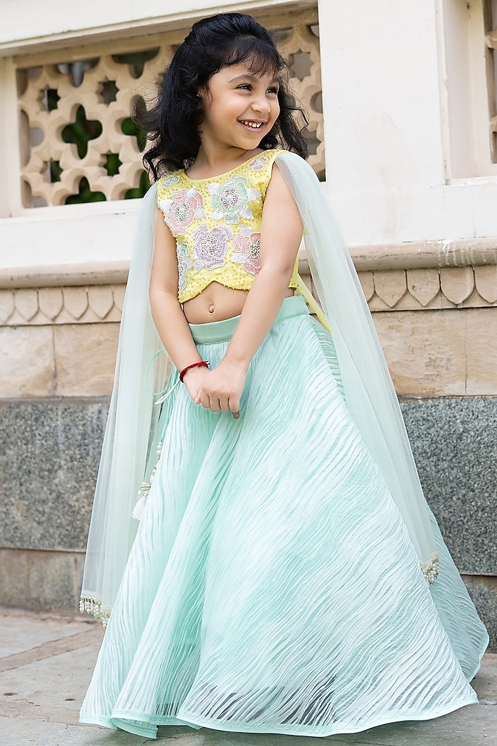 Mint Green Textured Pleated Organza & Butter Organza Lehenga Set For Girls by Ruchikalathlabel at Pernia's Pop Up Shop