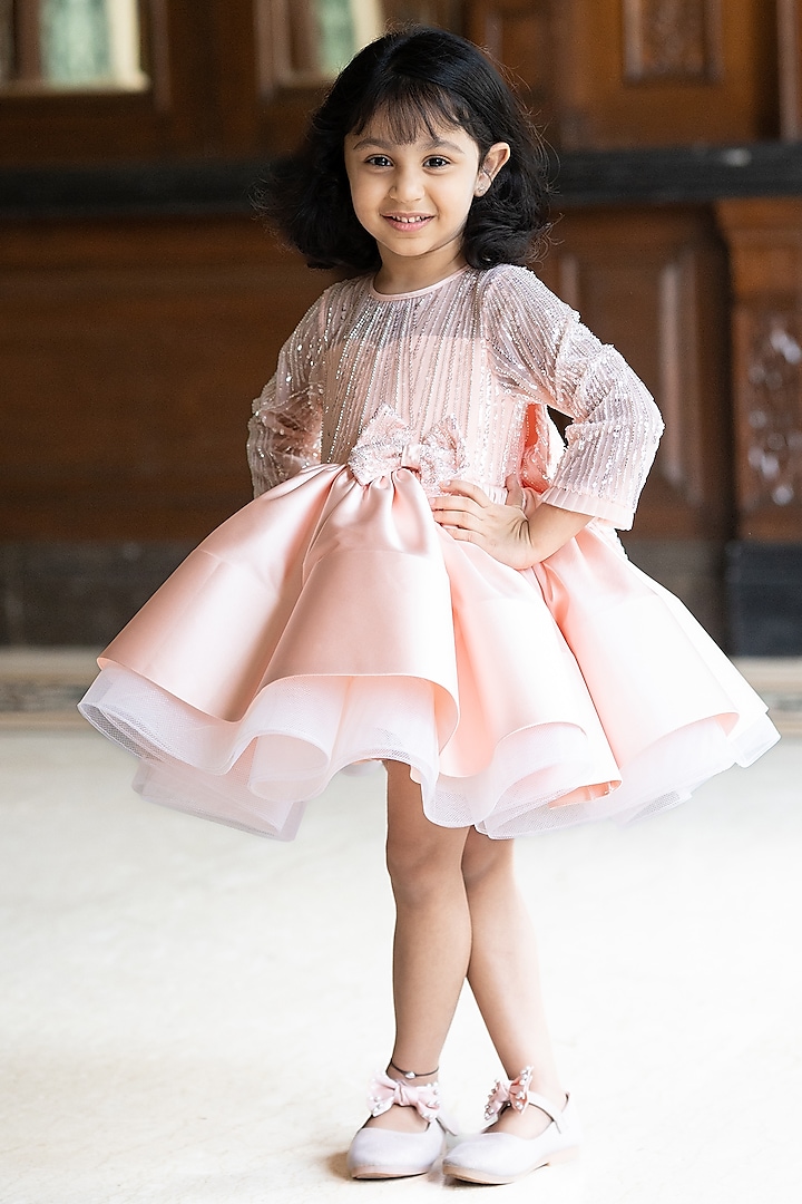 Peach Bridal Satin & Tulle Hand Embroidered Flared Dress For Girls by Ruchikalathlabel