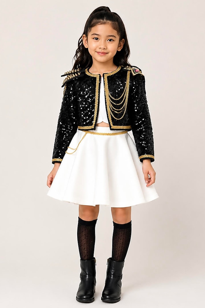 White Scuba Hand Embroidered Flared Skirt Set For Girls by Ruchikalathlabel at Pernia's Pop Up Shop