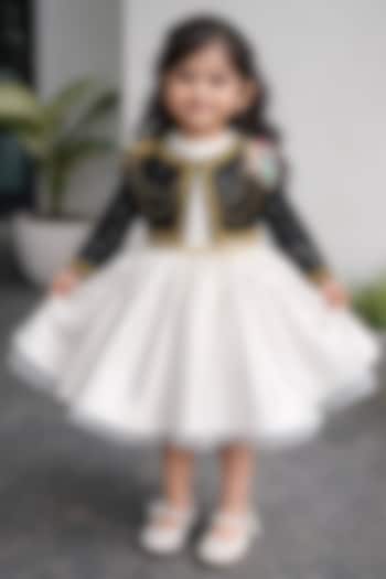 Off-White Satin Pearl Embellished Jacket Dress For Girls by Ruchikalathlabel at Pernia's Pop Up Shop