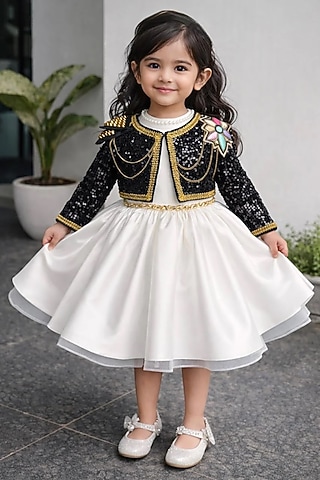 Off-White Satin Pearl Embellished Jacket Dress For Girls by Ruchikalathlabel