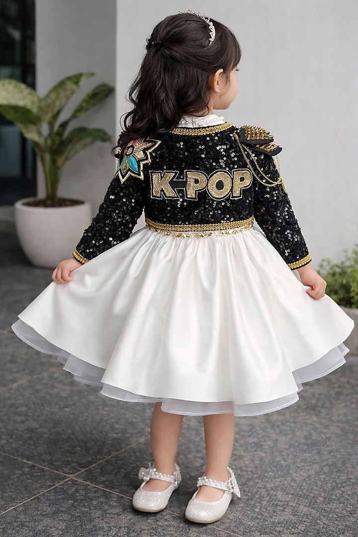 Off-White Satin Pearl Embellished Jacket Dress For Girls by Ruchikalathlabel at Pernia's Pop Up Shop