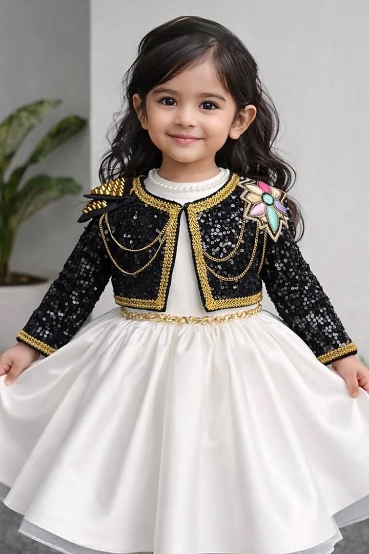 Off-White Satin Pearl Embellished Jacket Dress For Girls by Ruchikalathlabel at Pernia's Pop Up Shop