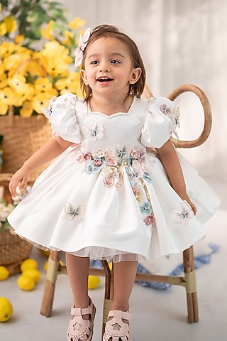 White Satin Flared Dress For Girls by Ruchikalathlabel