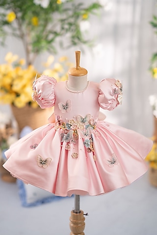 Pink Satin & Tulle Flared Dress For Girls by Ruchikalathlabel