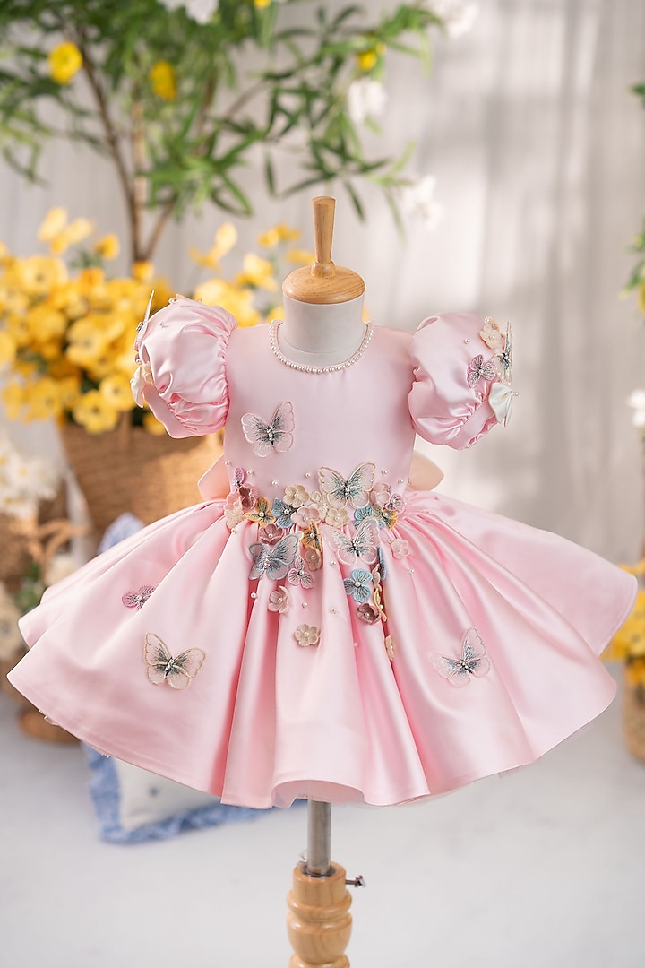 Pink Satin & Tulle Flared Dress For Girls by Ruchikalathlabel at Pernia's Pop Up Shop