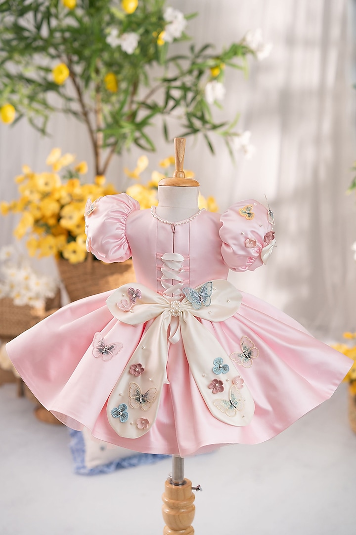 Pink Satin & Tulle Flared Dress For Girls by Ruchikalathlabel at Pernia's Pop Up Shop
