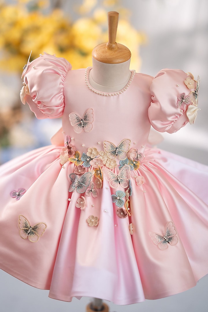 Pink Satin & Tulle Flared Dress For Girls by Ruchikalathlabel at Pernia's Pop Up Shop