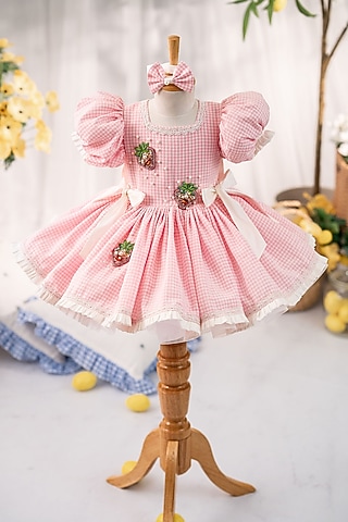 Pink Popcorn Cotton Hand Embroidered Dress For Girls by Ruchikalathlabel