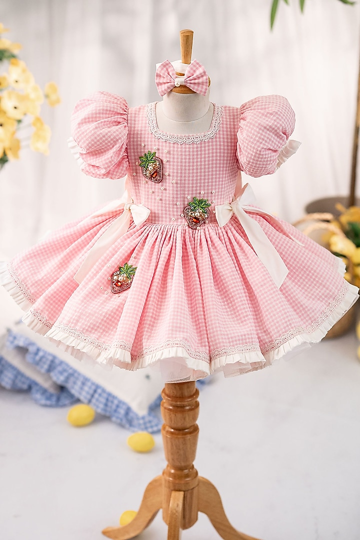 Pink Popcorn Cotton Hand Embroidered Dress For Girls by Ruchikalathlabel at Pernia's Pop Up Shop