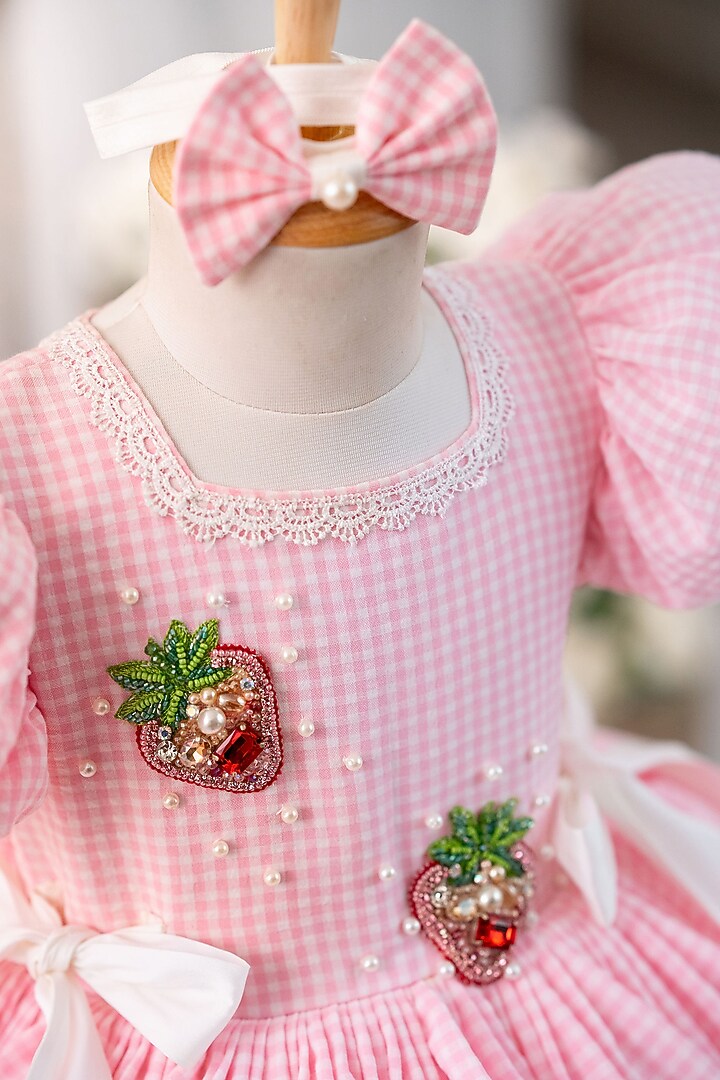 Pink Popcorn Cotton Hand Embroidered Dress For Girls by Ruchikalathlabel at Pernia's Pop Up Shop