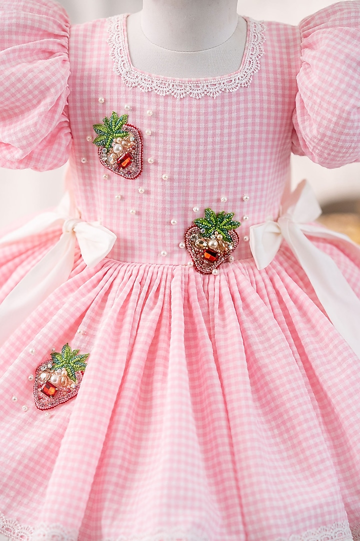 Pink Popcorn Cotton Hand Embroidered Dress For Girls by Ruchikalathlabel at Pernia's Pop Up Shop