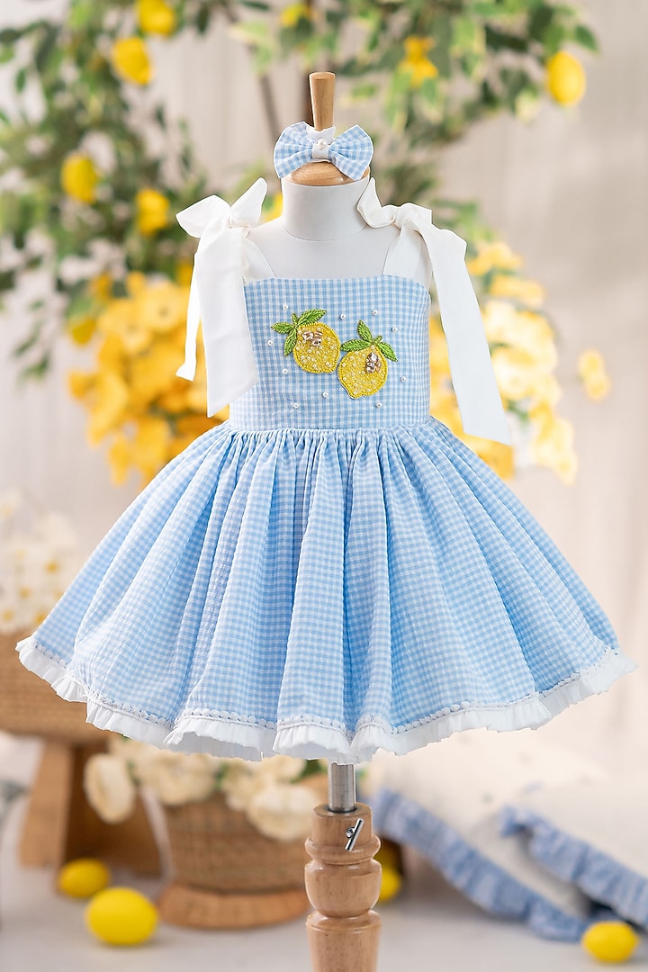 Blue Popcorn Cotton Hand Embellished Ruffled Dress For Girls by Ruchikalathlabel at Pernia's Pop Up Shop