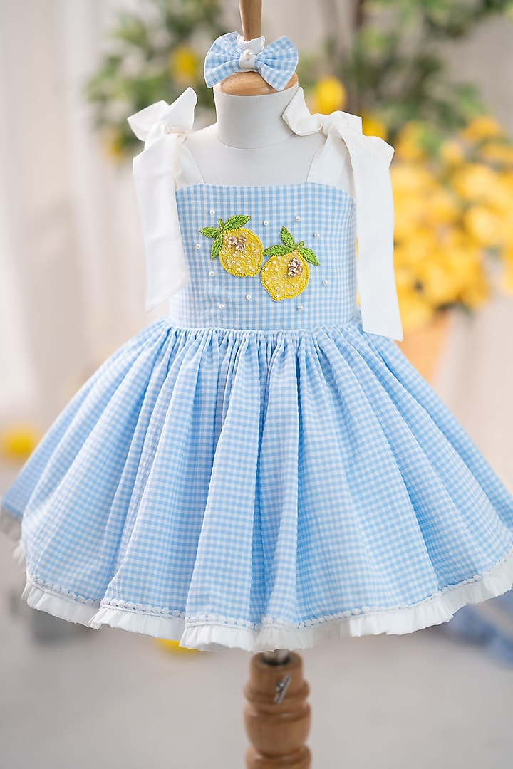 Blue Popcorn Cotton Hand Embellished Ruffled Dress For Girls by Ruchikalathlabel at Pernia's Pop Up Shop