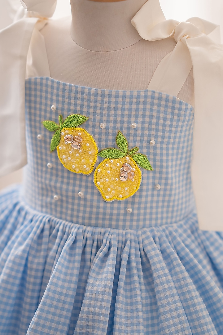 Blue Popcorn Cotton Hand Embellished Ruffled Dress For Girls by Ruchikalathlabel at Pernia's Pop Up Shop