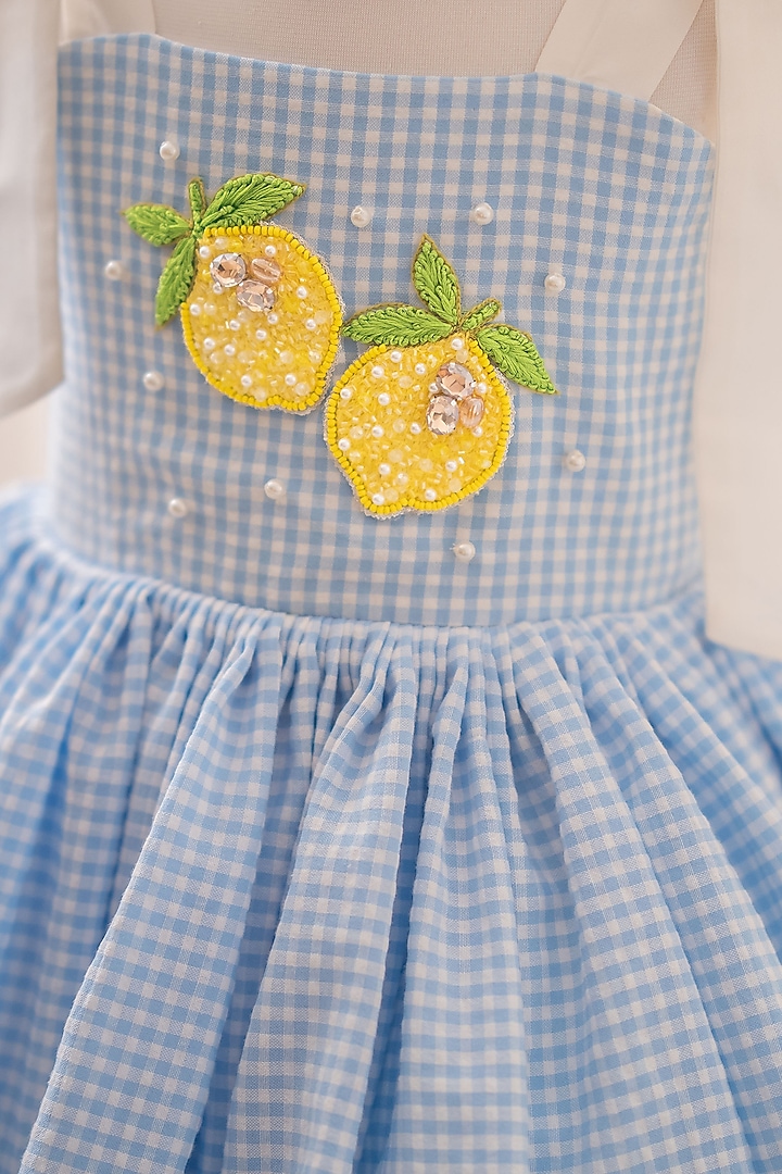 Blue Popcorn Cotton Hand Embellished Ruffled Dress For Girls by Ruchikalathlabel at Pernia's Pop Up Shop