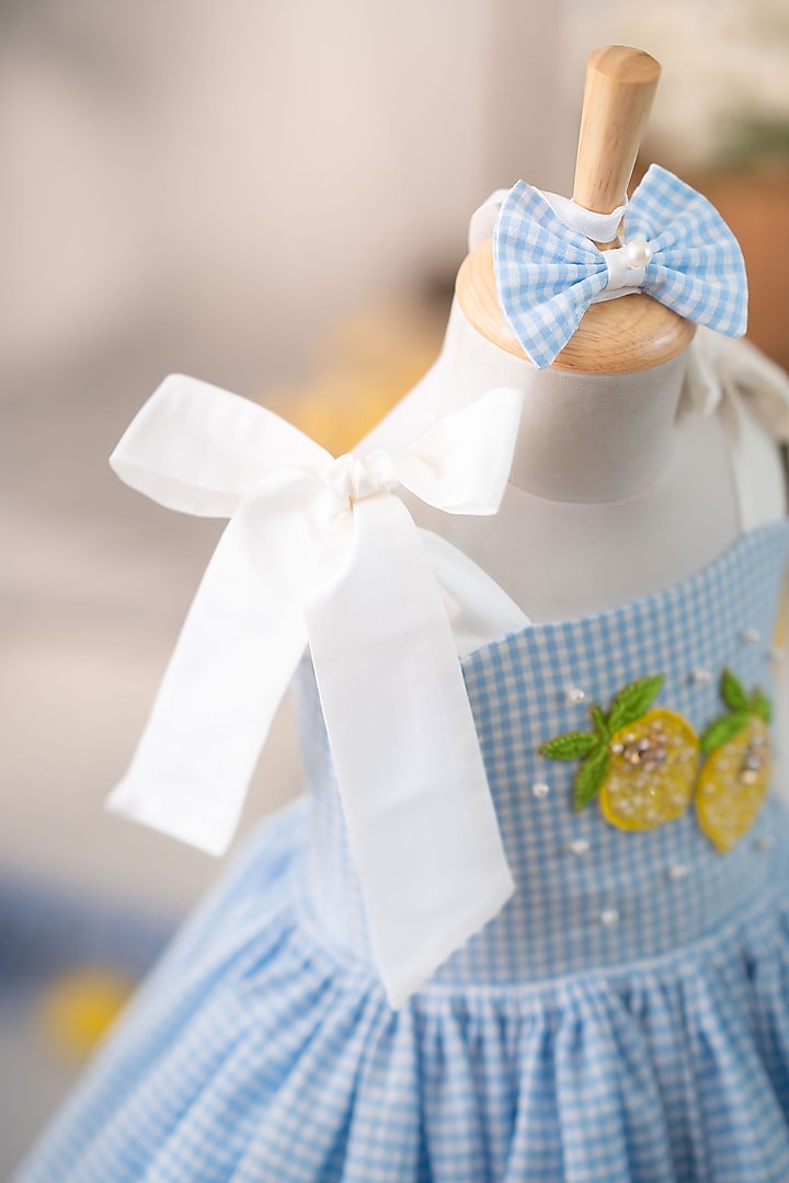 Blue Popcorn Cotton Hand Embellished Ruffled Dress For Girls by Ruchikalathlabel at Pernia's Pop Up Shop