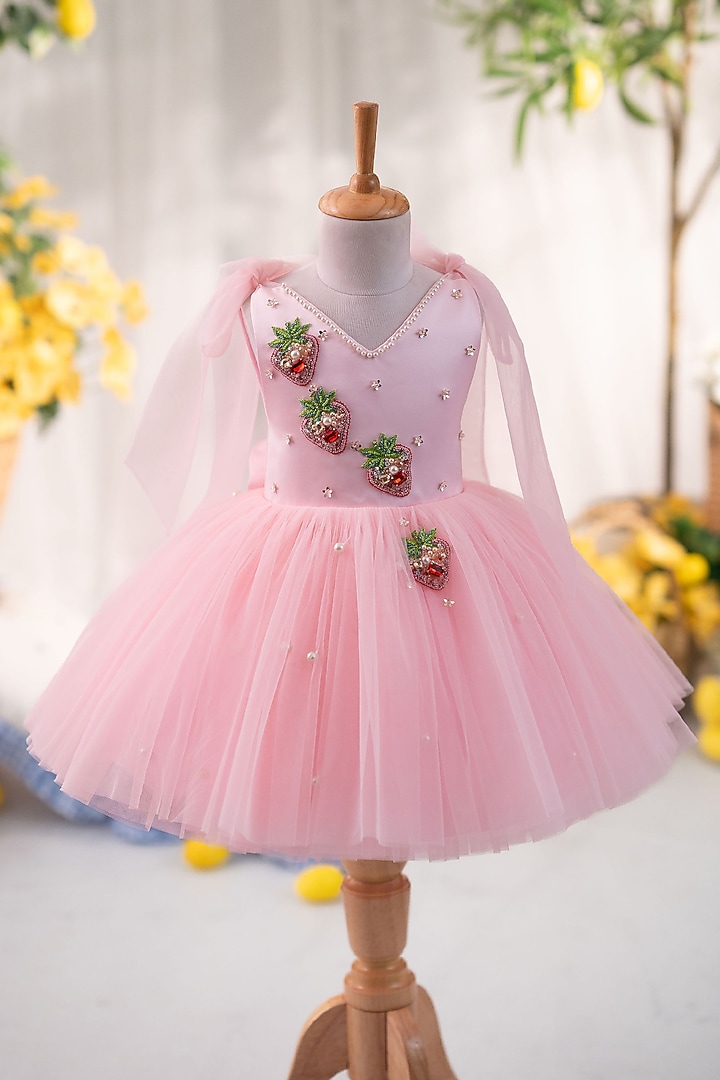 Pink Satin & Tulle Hand Embellished Dress For Girls by Ruchikalathlabel at Pernia's Pop Up Shop