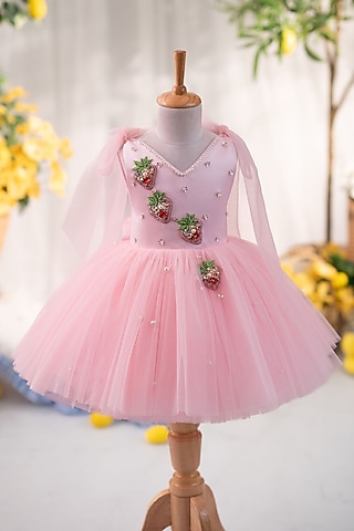 Pink Satin & Tulle Hand Embellished Dress For Girls by Ruchikalathlabel