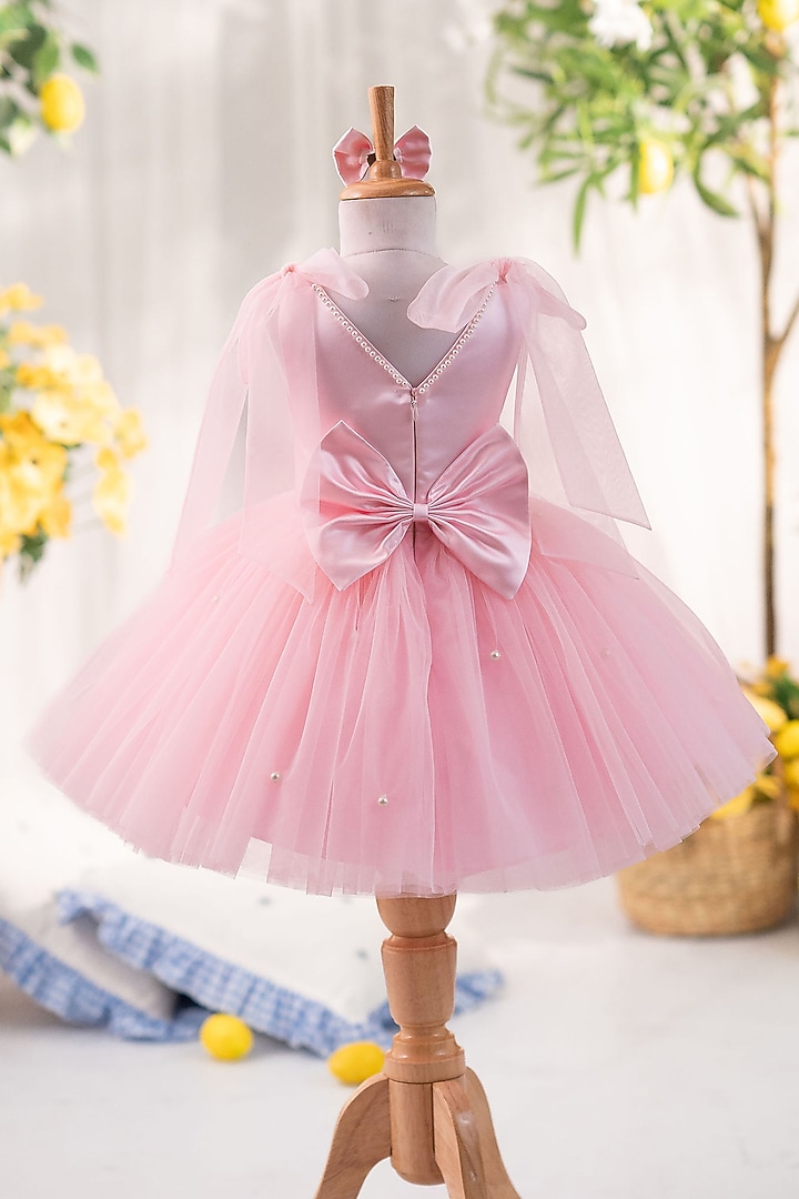 Pink Satin & Tulle Hand Embellished Dress For Girls by Ruchikalathlabel at Pernia's Pop Up Shop
