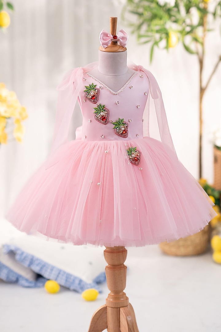 Pink Satin & Tulle Hand Embellished Dress For Girls by Ruchikalathlabel at Pernia's Pop Up Shop
