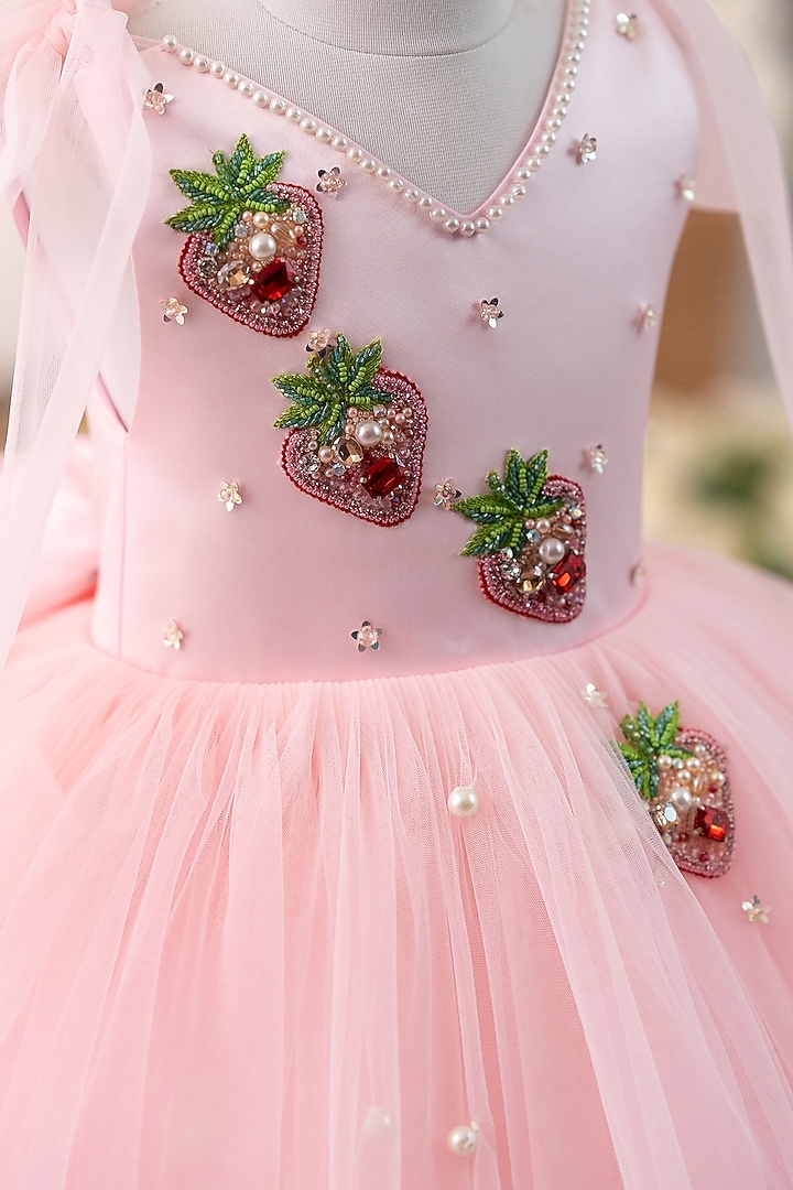 Pink Satin & Tulle Hand Embellished Dress For Girls by Ruchikalathlabel at Pernia's Pop Up Shop