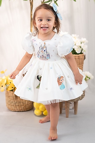 White Satin & Tulle Pearl Embellished Dress For Girls by Ruchikalathlabel