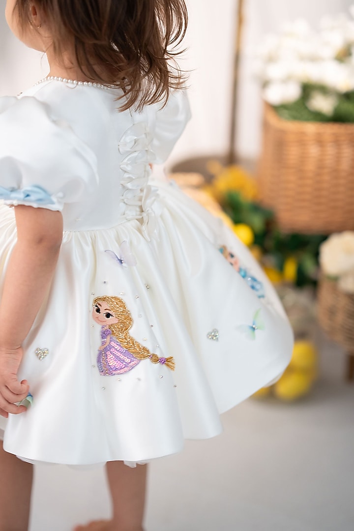 White Satin & Tulle Pearl Embellished Dress For Girls by Ruchikalathlabel at Pernia's Pop Up Shop