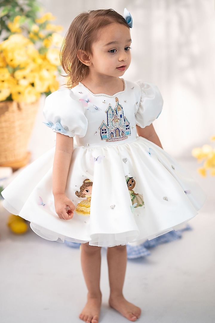 White Satin & Tulle Pearl Embellished Dress For Girls by Ruchikalathlabel at Pernia's Pop Up Shop
