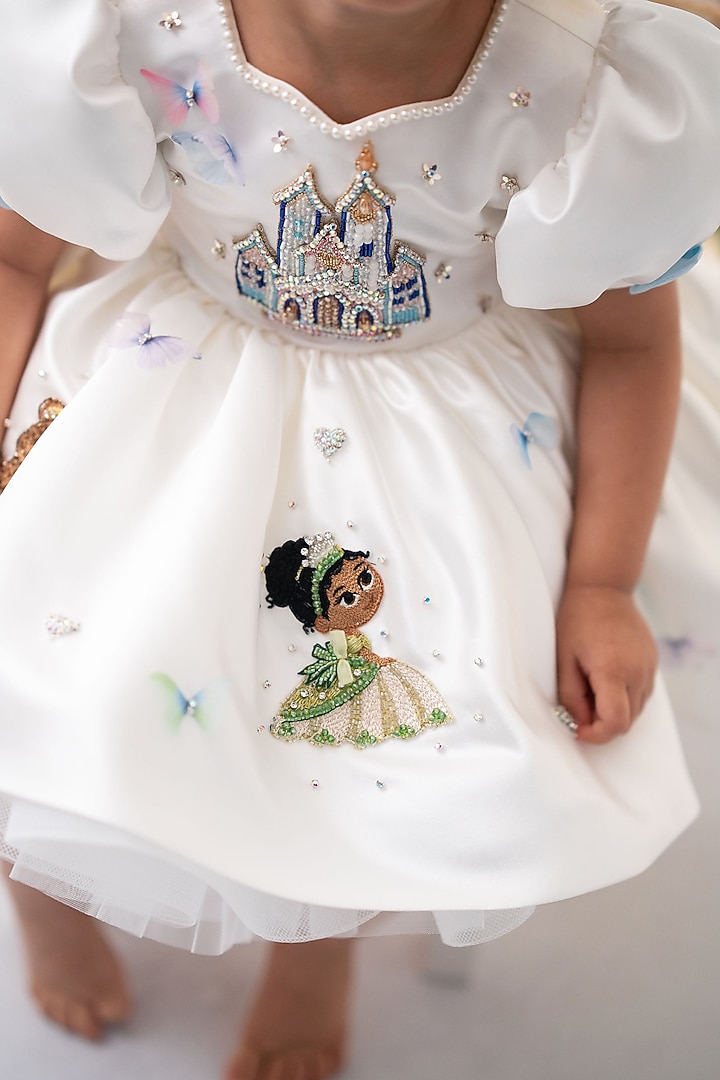 White Satin & Tulle Pearl Embellished Dress For Girls by Ruchikalathlabel at Pernia's Pop Up Shop