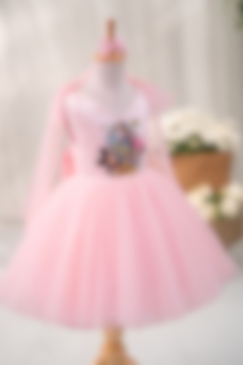 Pink Satin & Tulle Hand Embroidered Dress For Girls by Ruchikalathlabel at Pernia's Pop Up Shop